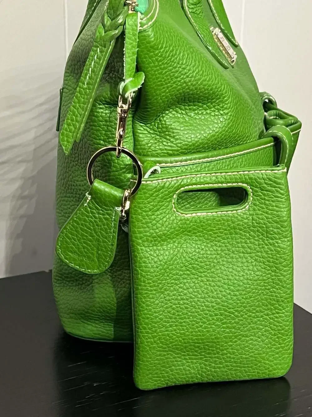 Dooney & Bourke Kelly Green Pebble Leather Crescent Tote with Pouch - Picture 3 of 12